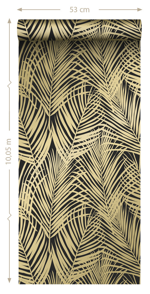 ESTAhome behang palmbladeren zwart en goud - 53 cm x 10.05 m - 139318