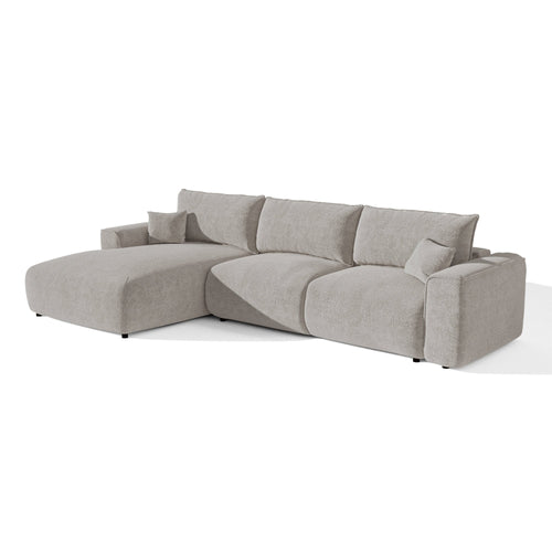 Premium Interiors - Linkshoekbank met snelle uitklapfunctie COMO - bouclé-stof lichtgrijs 300cm