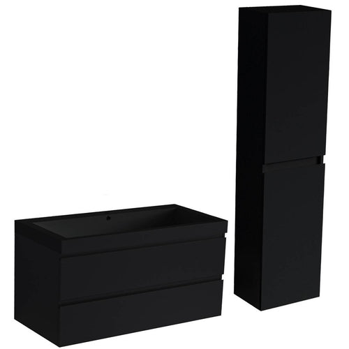 LOMAZOO badmeubelset Avalon - met hoge kast & zwarte wastafel - mat zwart - 100 cm