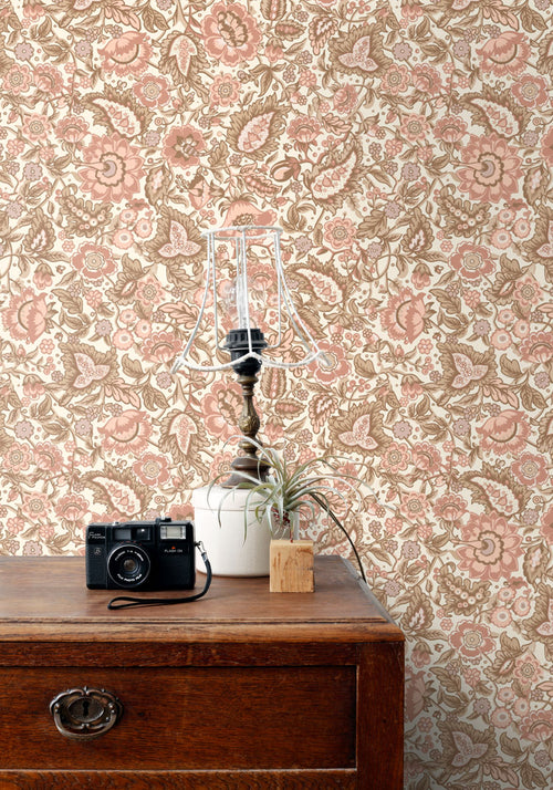 ESTAhome behang vintage bloemen bruin en terracotta roze - 50 x 900 cm - 131496 - vtwonen shop