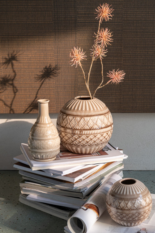 J-Line vaas Gekerfd - porselein - beige - 18.5 cm hoog