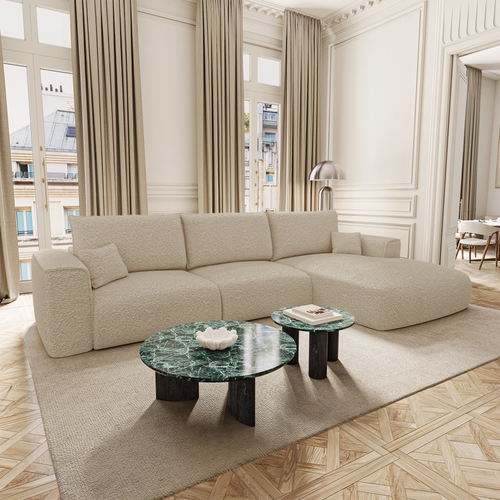 Premium Interiors - Rechthoekige hoekbank met slaapfunctie en opbergruimte COMO - bouclé-stof beige 297cm