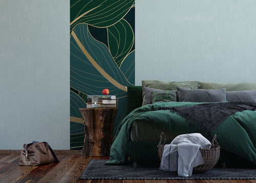 Sanders & Sanders poster bladeren donkergroen, petrolblauw en goud - 90 x 270 cm - 601074