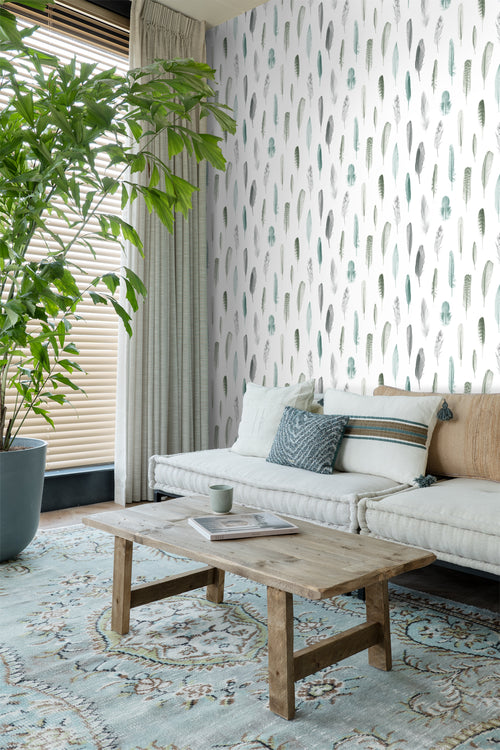 ESTAhome behang veren vergrijsd mintgroen en licht crème beige - 53 cm x 10.05 m - 138894