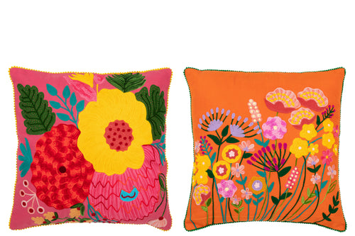 J-Line kussen Bloemen Geborduurd - katoen/polyester - oranje/roze - 2 stuks