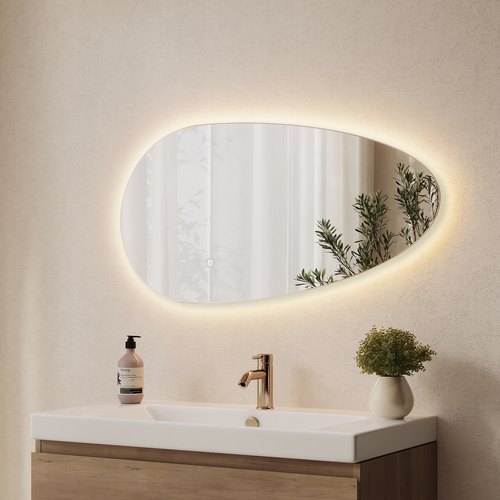LOMAZOO badkamerspiegel Adana - organisch - met LED verlichting & spiegelverwarming - asymmetrisch - 80 x 40.6 cm