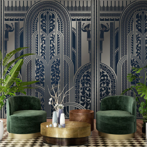 Sanders & Sanders fotobehang art deco bogen blauw - 424 x 280 cm - 640975
