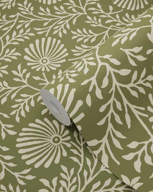 ESTAhome behang vintage bloemen olijfgroen - 50 x 900 cm - 131514 - vtwonen shop