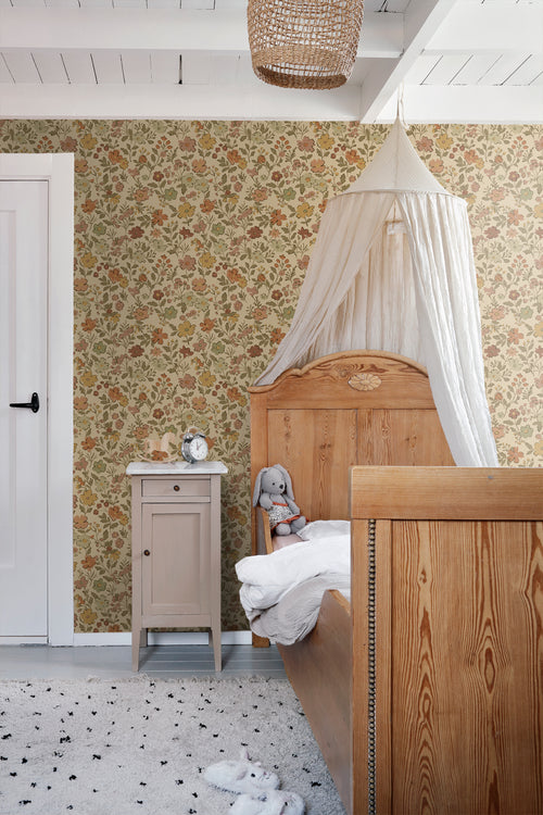 ESTAhome behang bloemetjes okergeel en donker beige - 50 x 900 cm - 131320 - vtwonen shop