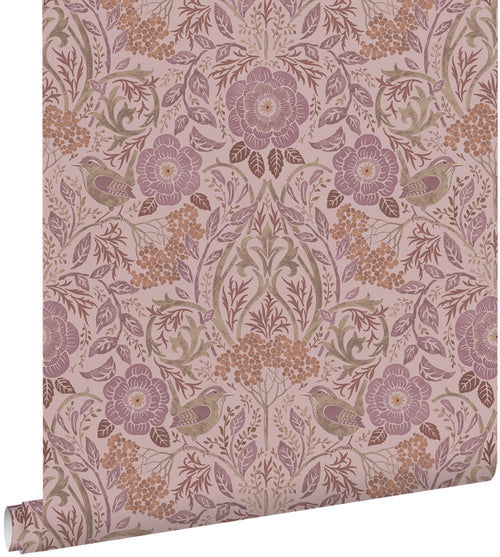 ESTAhome behang bloemen en vogels oudroze en lila paars - 50 x 900 cm - 131209