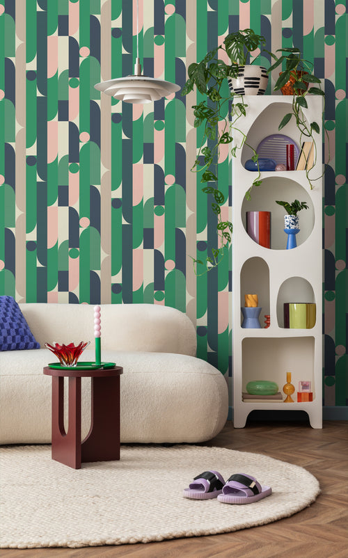 ESTAhome behang geometrische vormen groen, blauw, roze en beige - 50 x 900 cm - 131062 - vtwonen shop