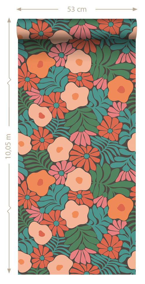 ESTAhome behang bloemen in Matisse stijl donkergroen, oranje en blauw - 50 x 900 cm - 131008 - vtwonen shop