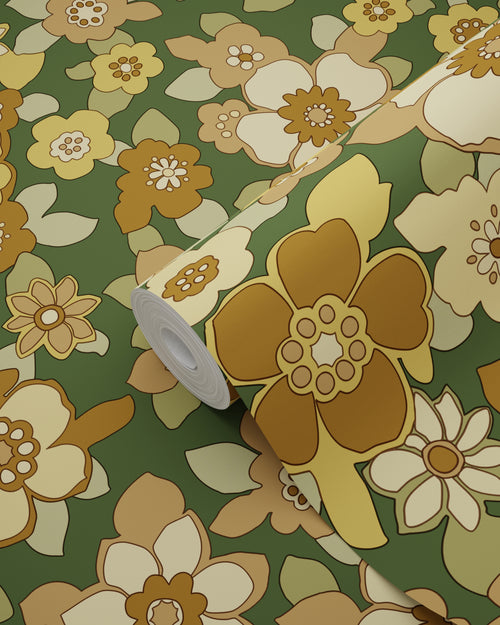 ESTAhome behang retro bloemen donkergroen en geel - 50 x 900 cm - 131528 - vtwonen shop