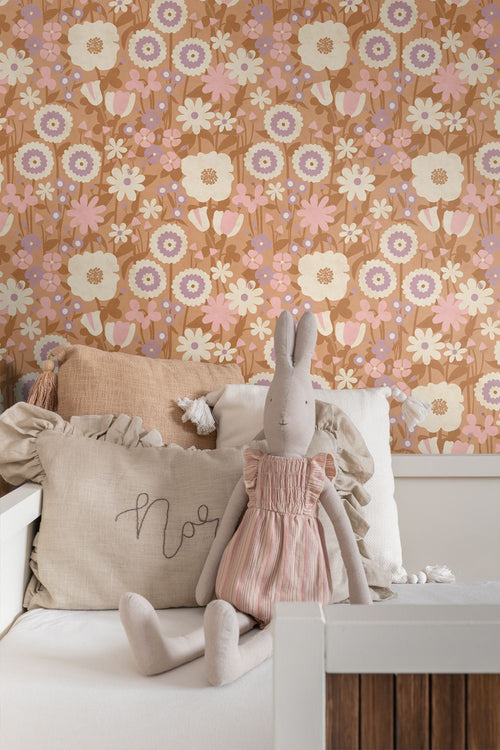 ESTAhome behang retro bloemen terracotta bruin, roze en paars - 50 x 900 cm - 132161