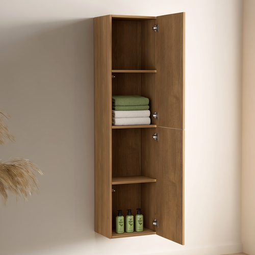 LOMAZOO badmeubelset Navero - met hoge kast & witte wastafel - licht eiken - 140 cm