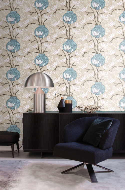 Origin Wallcoverings behang magnolia beige en turquoise - 53 cm x 10,05 m - 346923 - vtwonen shop