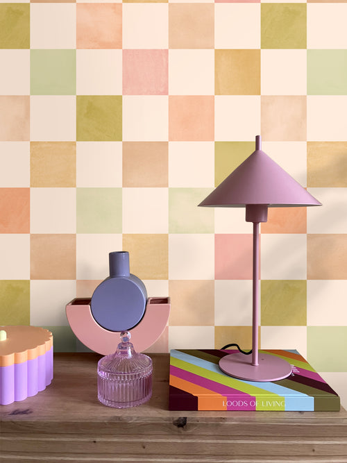 ESTAhome behang geblokt motief beige, roze en groen - 50 x 900 cm - 131721