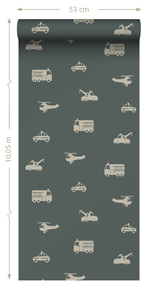 ESTAhome behang auto's, brandweerauto's, helikopters en kranen donkergroen - 53 cm x 10.05 m - 131400 - vtwonen shop