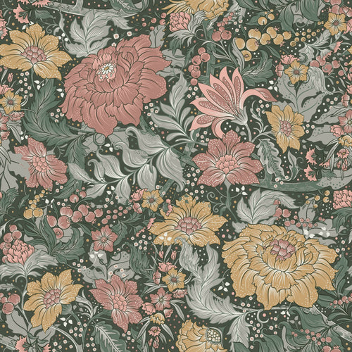 ESTAhome behang vintage bloemen blauwgroen, oudroze en okergeel - 50 x 900 cm - 131198