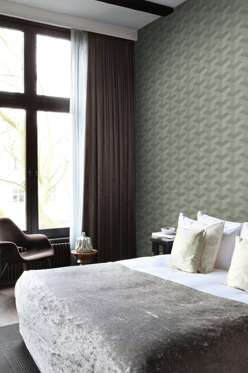 Origin Wallcoverings behang grafisch 3D motief vergrijsd groen - 50 x 900 cm - 348003 - vtwonen shop