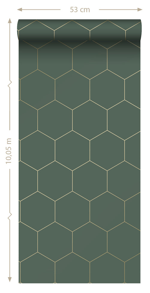 ESTAhome behang hexagon donkergroen en goud - 0,53 x 10,05 m - 139228 - vtwonen shop