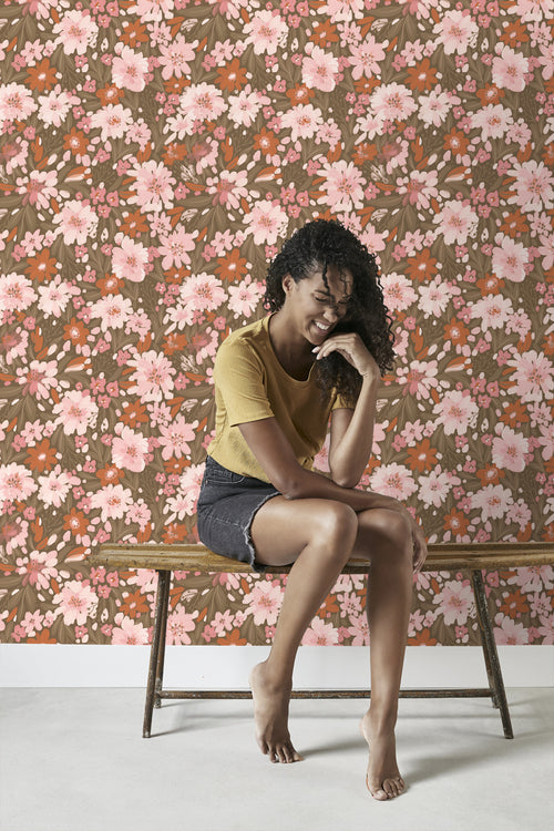 ESTAhome behang bloemen licht roze, terracotta en vergrijsd groen - 50 x 900 cm - 130926 - vtwonen shop