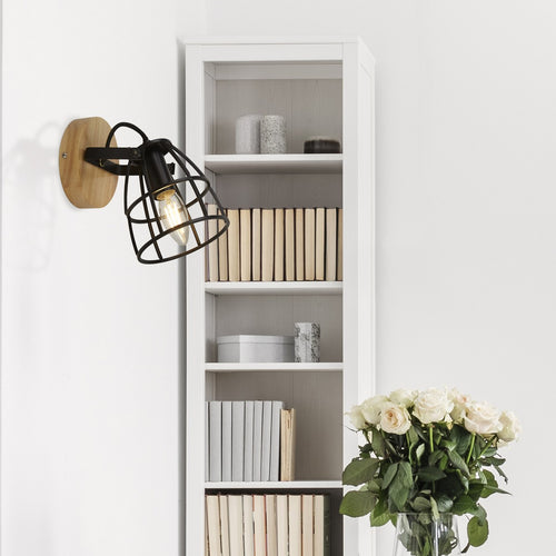 Vision Cage ronde wandlamp, mat zwart en hout