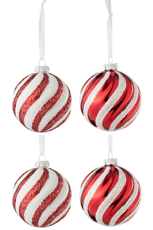 J-Line Kerstballen - glas - wit & rood - large - 4 stuks - kerstboomversiering - vtwonen shop