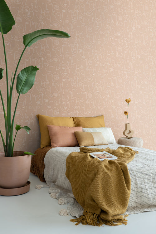 ESTAhome behang line art gezichten perzik roze en wit - 53 cm x 10.05 m - 139214