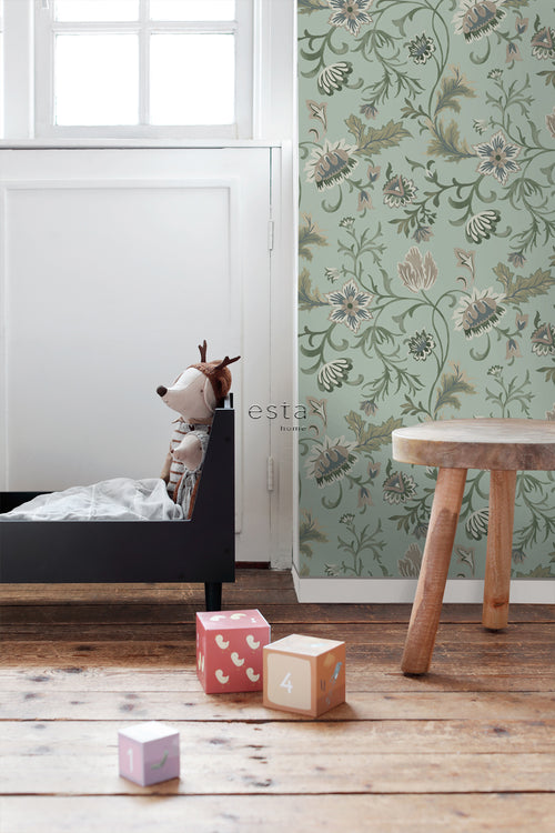 ESTAhome behang vintage bloemen celadon groen - 53 cm x 10.05 m - 139413