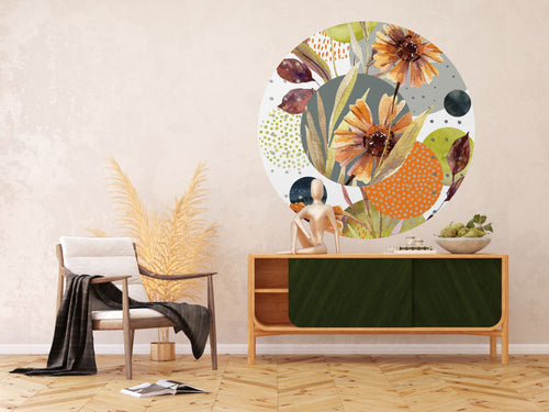 Sanders & Sanders zelfklevende behangcirkel bloemen groen, oranje en grijs - Ø 140 cm - 601143