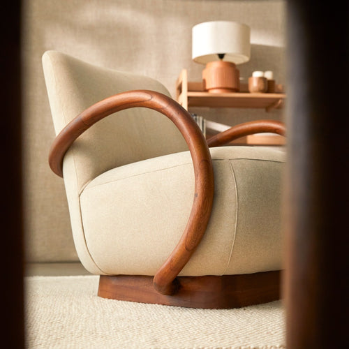 Tikamoon Draaifauteuil van massief mindihout en ecru stof - Beige