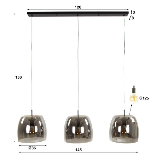 Giga Meubel Hanglamp Drift Glass - Smoke Glas - 3-Lichts - 145x35x150cm - vtwonen shop
