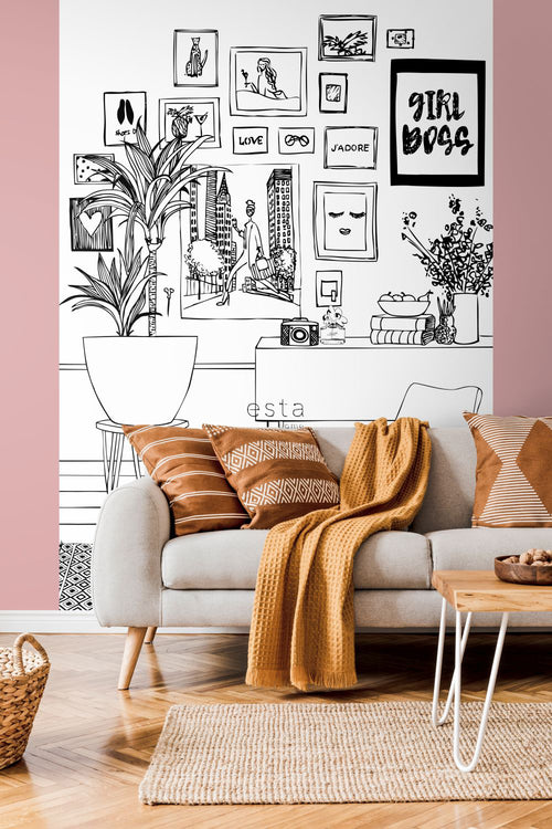 ESTAhome fotobehang tekening woonkamer zwart wit - 186 x 279 cm - 158813 - vtwonen shop