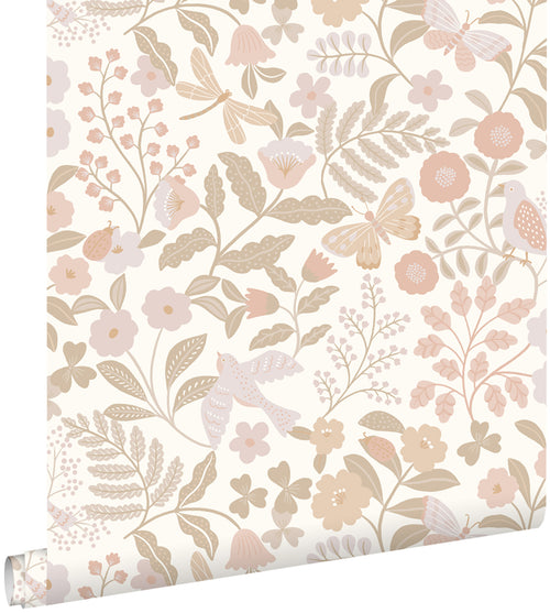 ESTAhome behang bloemen en vogels wit, beige en zacht roze - 53 cm x 10.05 m - 139866 - vtwonen shop