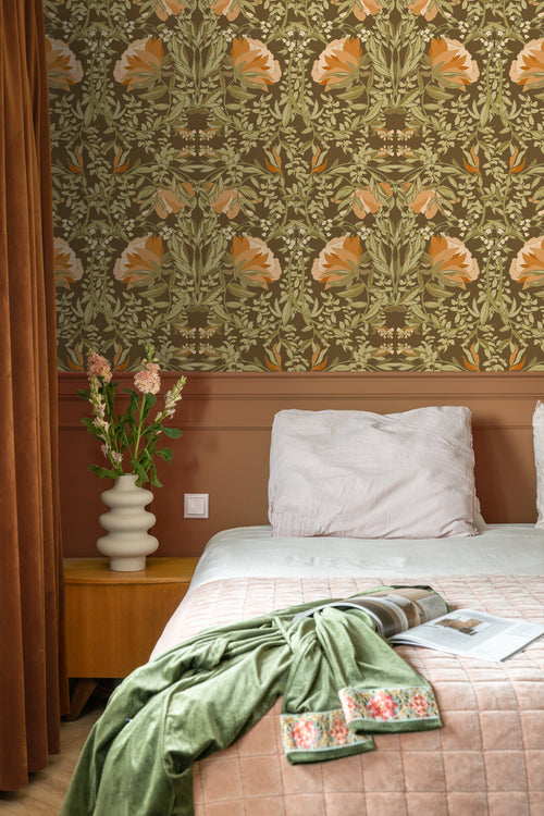 ESTAhome behang vintage bloemen in art nouveau stijl groen en oranje - 50 x 900 cm - 131730
