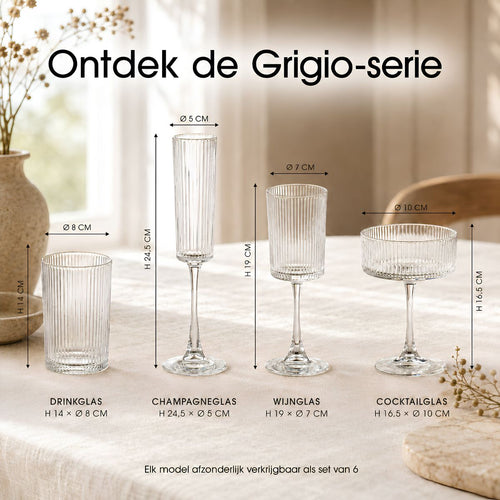 Mica Decorations Grigio Champagneglazen - Set van 6 - Transparant Glas met Ribbelstructuur - Voor Prosecco en Mousserende Dranken - H24,5 x Ø5 cm