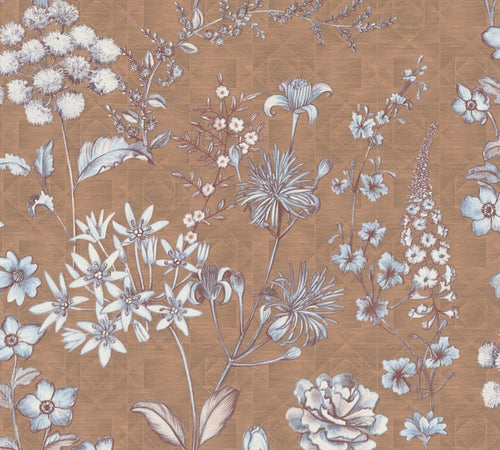 Livingwalls behang bloemen oranje, bruin, lichtblauw en wit - 53 cm x 10.05 m - AS-391173 - vtwonen shop