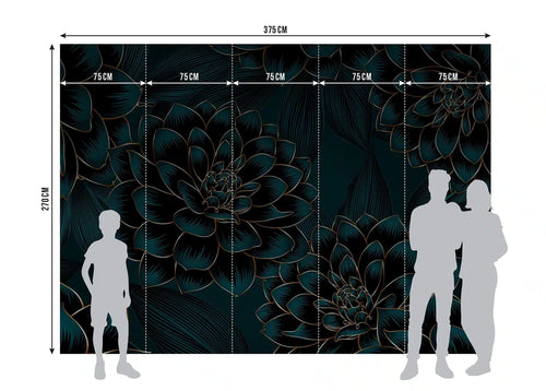 Sanders & Sanders fotobehang bloemen petrolblauw en goud - 375 x 270 cm - 601454