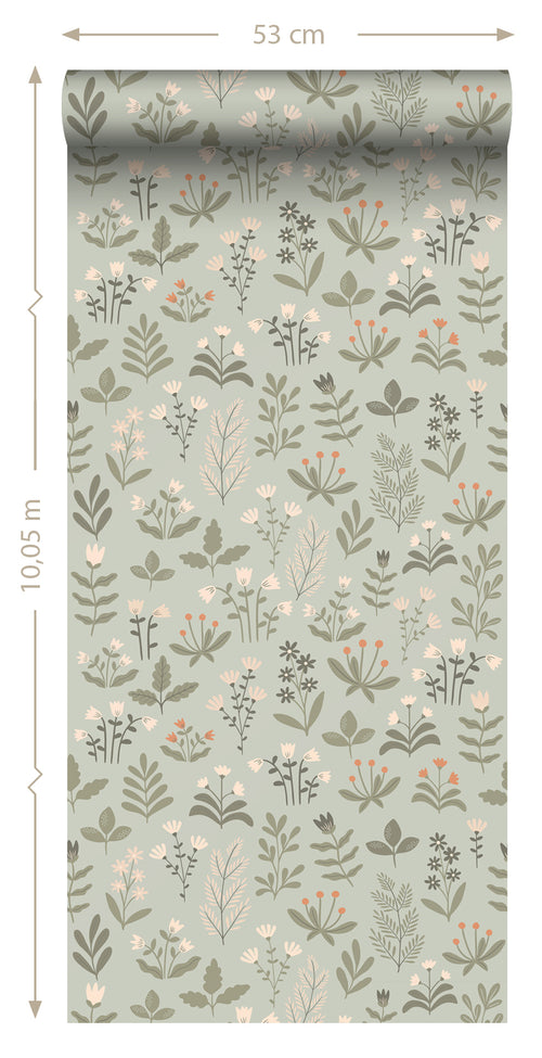 ESTAhome behang veldbloemen licht vergrijsd groen en beige - 50 x 900 cm - 131097 - vtwonen shop