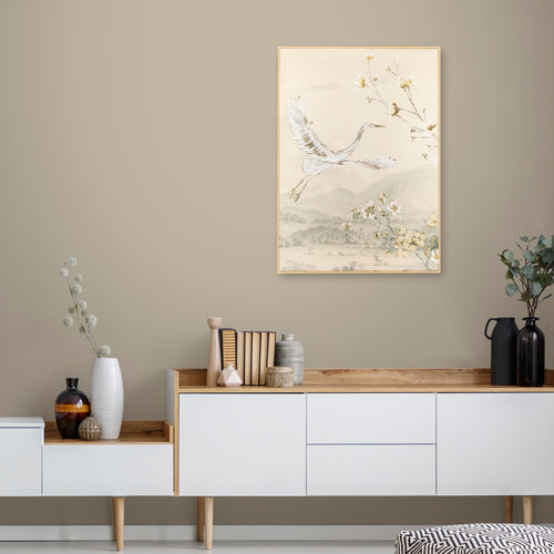 Art for the Home Canvas met handgeschilderde details - Crane with blossom - 70x50cm - Beige - vtwonen shop