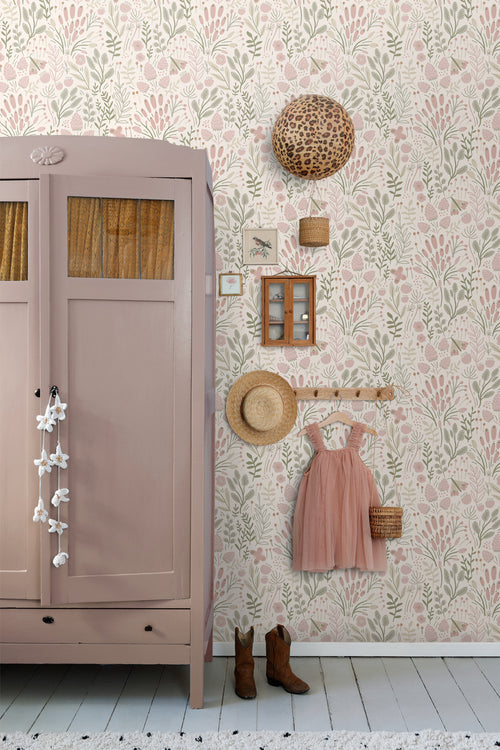 ESTAhome behang bladeren en bloemen wit en licht roze - 50 x 900 cm - 131384 - vtwonen shop