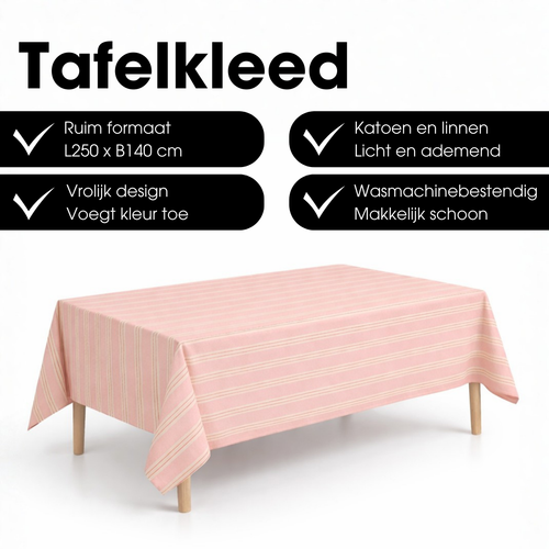 Mica Decorations Evie Gestreept Tafelkleed voor Eettafel - Tafellaken voor Binnen en Buiten 250 x 140 cm - Tafelzeil 100% Organisch Katoen - Roze