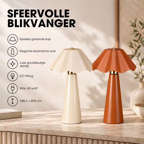 Mica Decorations Meera Tafellamp Beige Keramiek - Geschikt voor E27 Lichtbron Max. 60W - IP20 Classificatie voor Binnengebruik - Decoratieve Geplooide