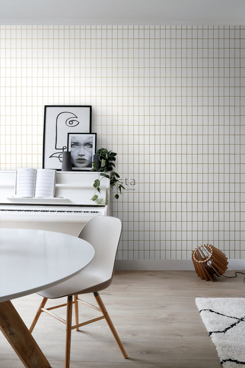 ESTAhome behang kleine tegeltjes wit en goud - 53 cm x 10.05 m - 139131