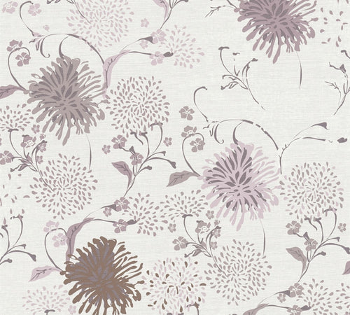 Livingwalls behang bloemmotief wit, lila paars, roze en crème - 53 cm x 10.05 m - AS-389001