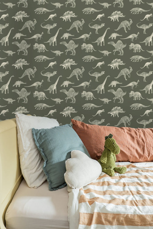 ESTAhome behang dinosaurussen olijfgroen - 50 x 900 cm - 131867