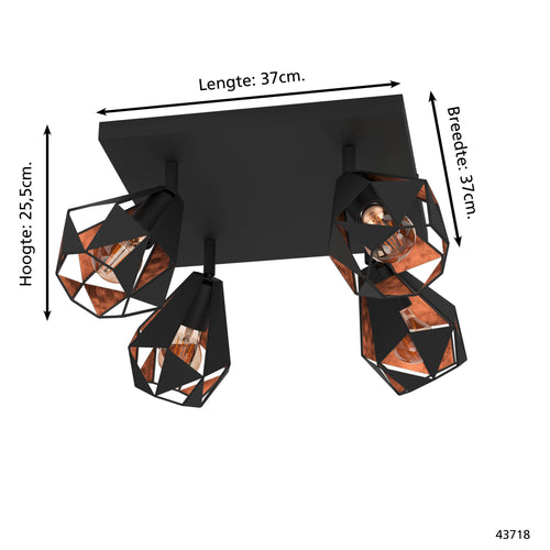 EGLO spot Carlton 7 - e27 - 37 cm - zwart/koper - staal - vtwonen shop