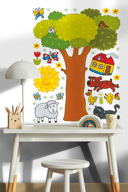 Sanders & Sanders muursticker boerderij dieren groen, geel en bruin - 85 x 65 cm - 600243