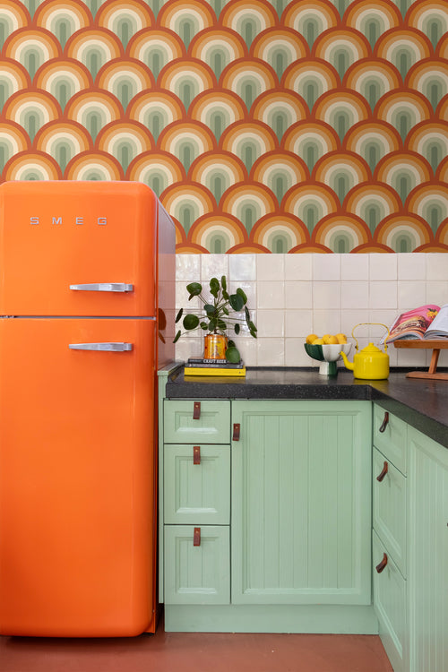 ESTAhome behang art deco bogen groen en oranje - 50 x 900 cm - 131773